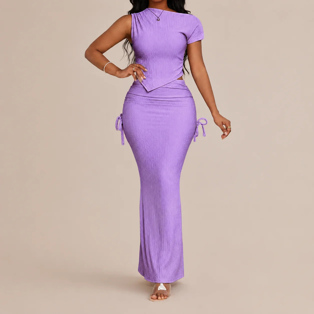 One Shoulder Crop Top & Ruched Mermaid Skirt Set – Asymmetric 2-Piece | Oyese
