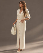 Ribbed Knit Button-Front Sweater Dress + Free Belt | Oyese