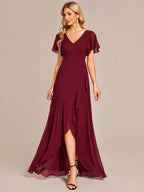 Double V-Neck Flutter Sleeve Flowy Slit Maxi Gown | Oyese
