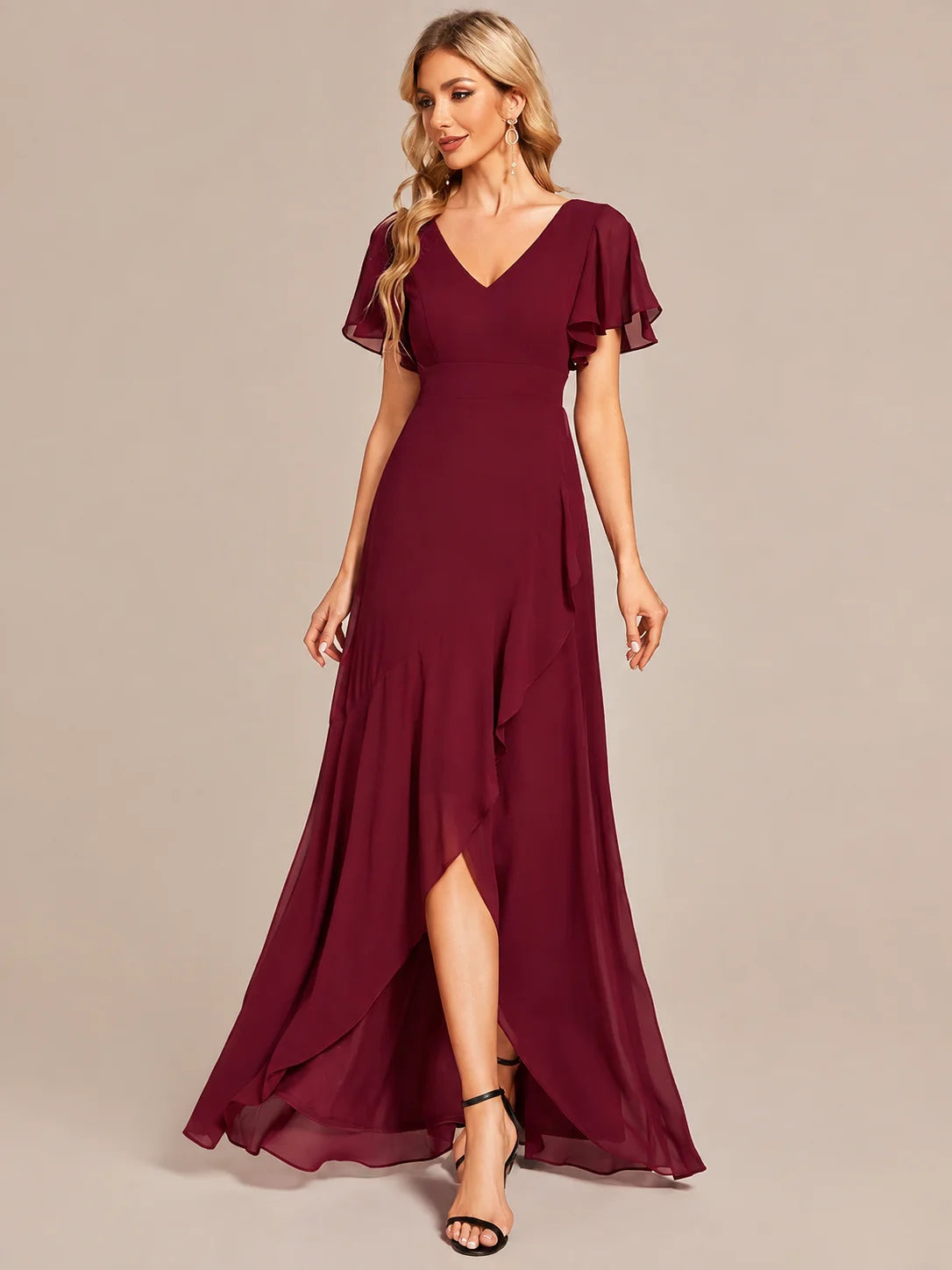 Double V-Neck Flutter Sleeve Flowy Slit Maxi Gown | Oyese