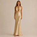 Halter Cowl Neck Satin Mermaid Gown – Backless Tie-Bow Evening Dress | Oyese