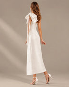 One Shoulder Bow Satin Gown – Fitted Slit Formal Evening Dress | Oyese