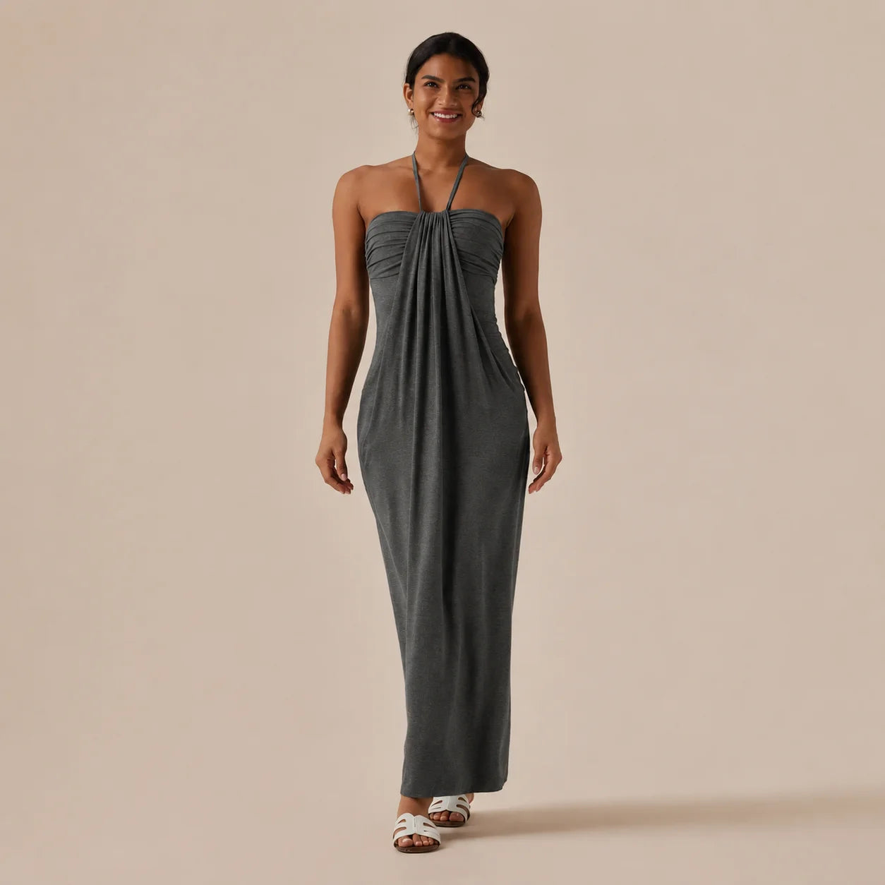 Halter Tie Gathered Maxi Dress with Pockets – Relaxed Summer Drape | Oyese