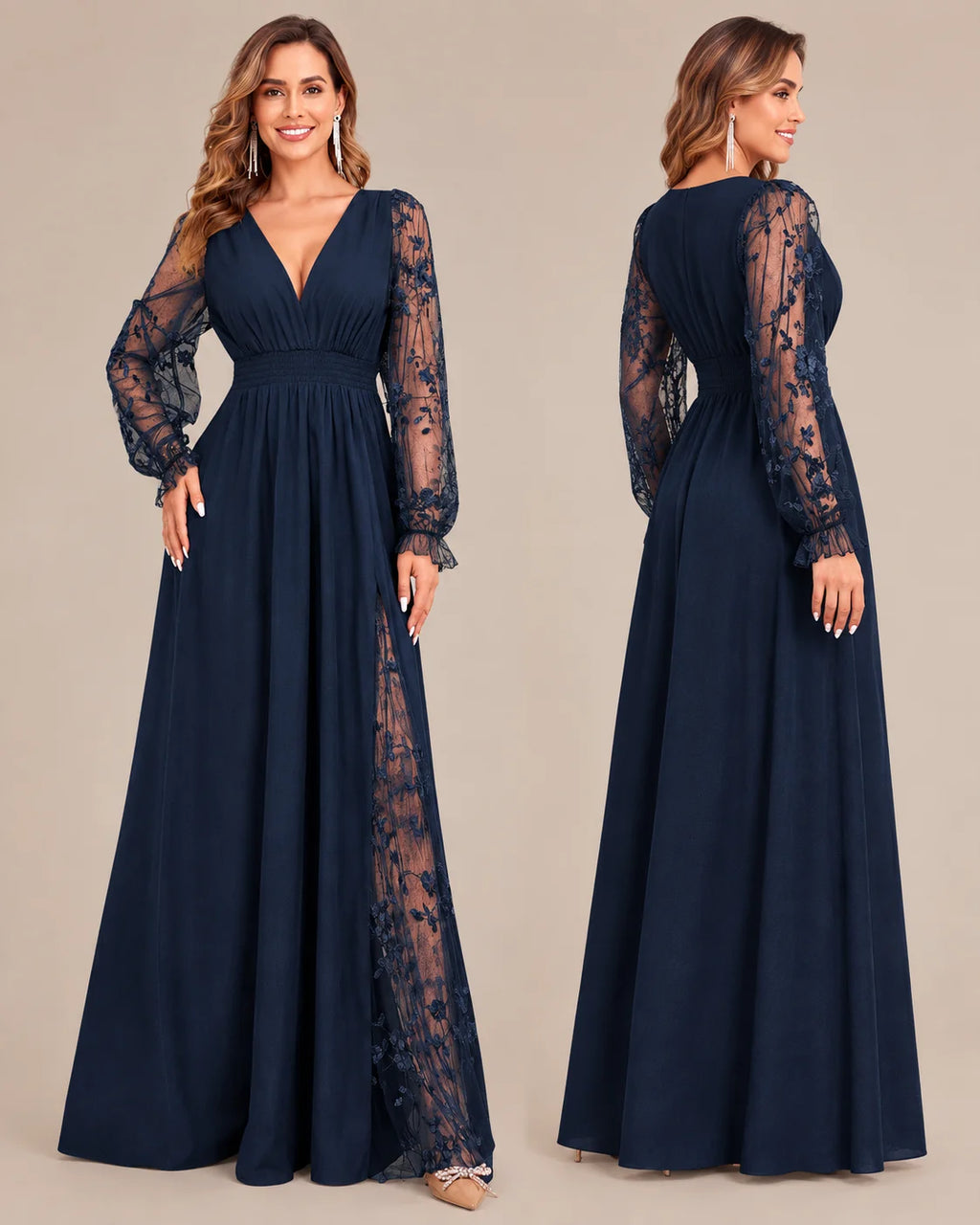 Plus Size Deep V Lace Sleeve Slit Maxi Gown | Oyese
