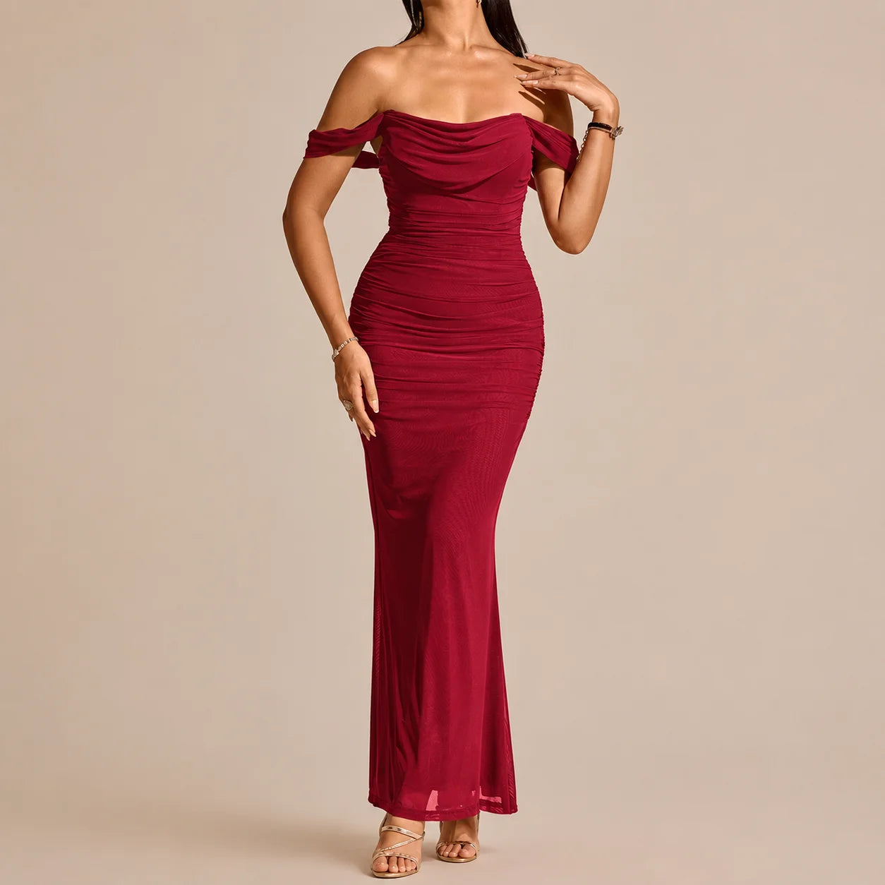 Off-Shoulder Ruched Mesh Bodycon Maxi Dress – Mermaid Evening Gown | Oyese