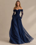 Off Shoulder Sweetheart Tulle Maxi Dress – Sheer Long Sleeve Formal Gown | Oyese