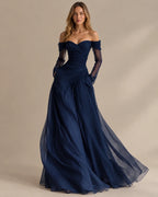 Off Shoulder Sweetheart Tulle Maxi Dress – Sheer Long Sleeve Formal Gown | Oyese