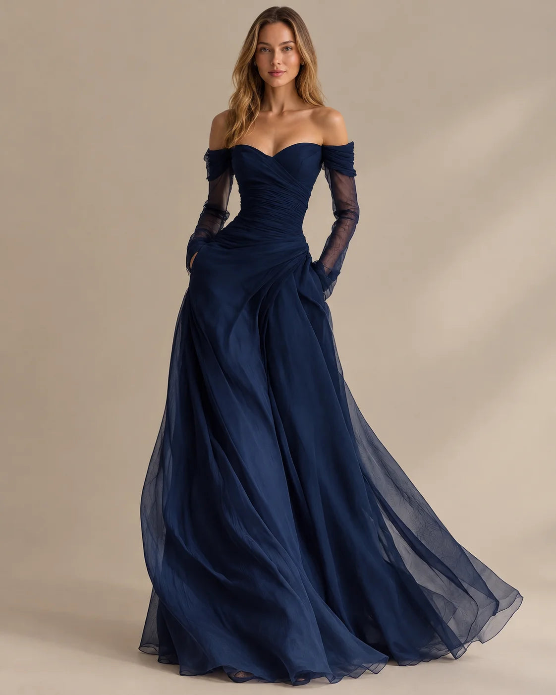 Off Shoulder Sweetheart Tulle Maxi Dress – Sheer Long Sleeve Formal Gown | Oyese