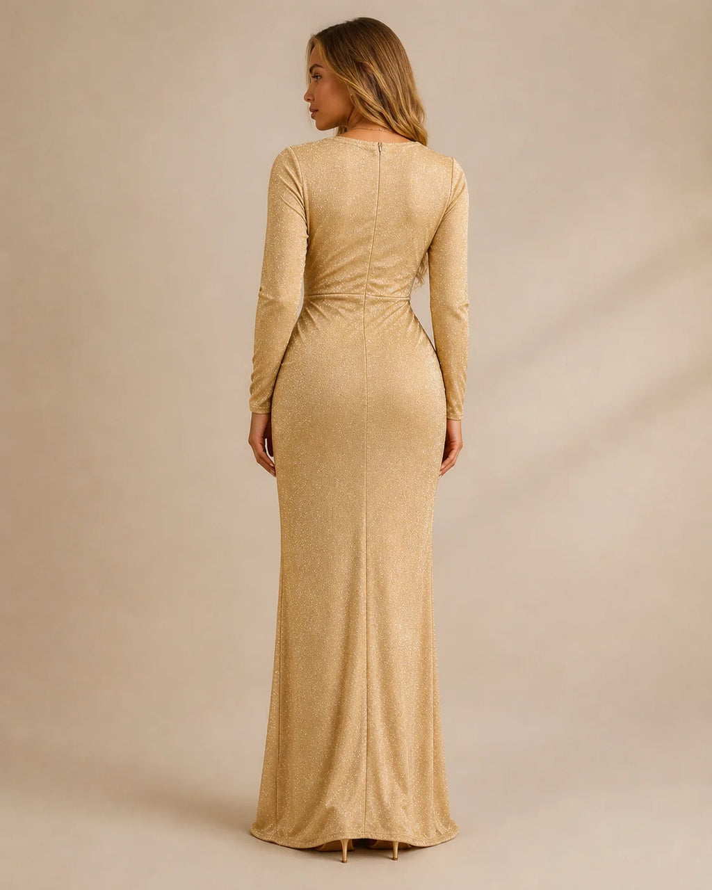 Shimmer Wrap V Neck Long Sleeve Maxi Dress – High Slit Evening Gown | Oyese