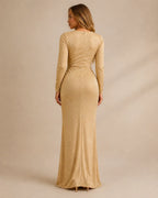 Shimmer Wrap V Neck Long Sleeve Maxi Dress – High Slit Evening Gown | Oyese