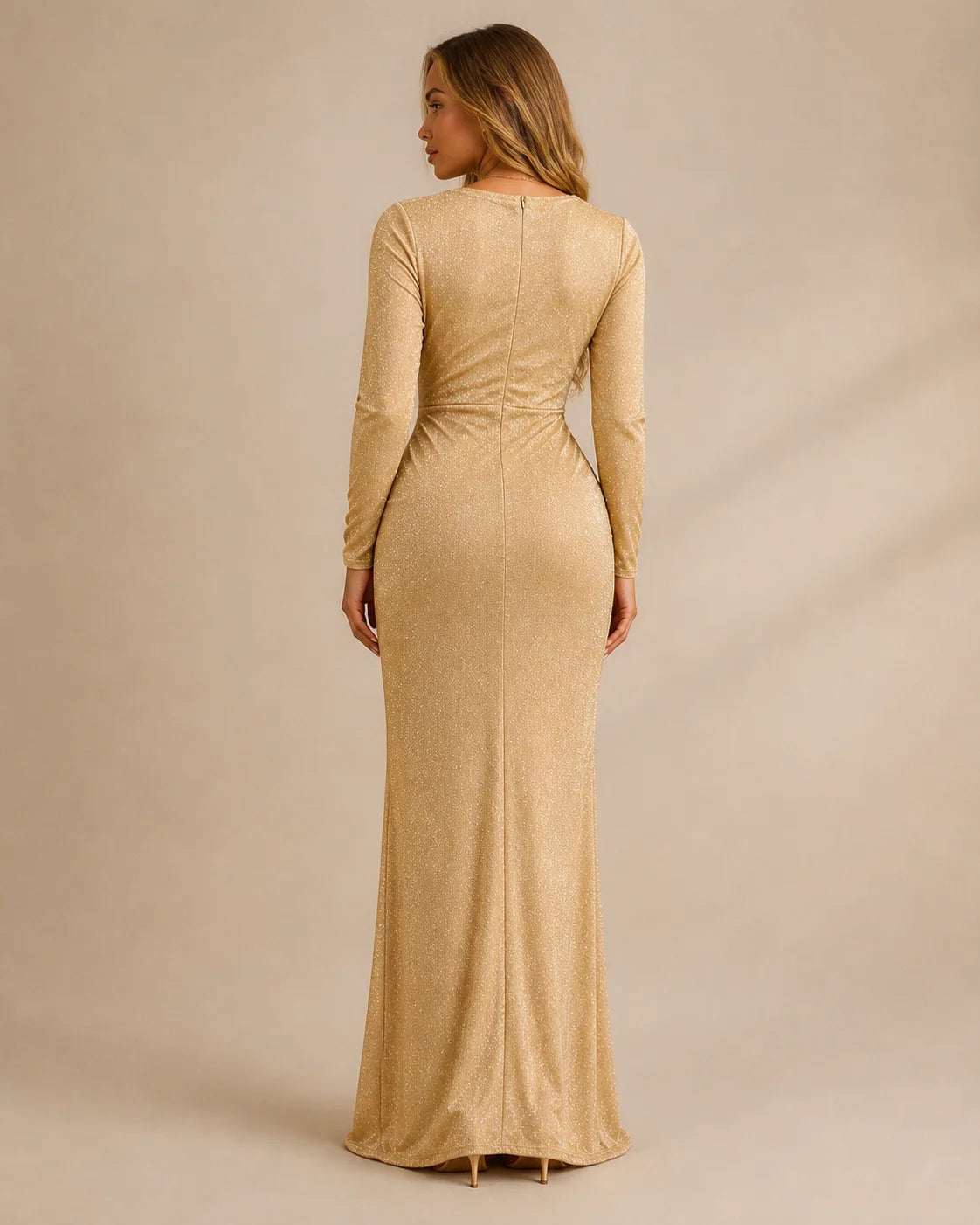 Shimmer Wrap V Neck Long Sleeve Maxi Dress – High Slit Evening Gown | Oyese