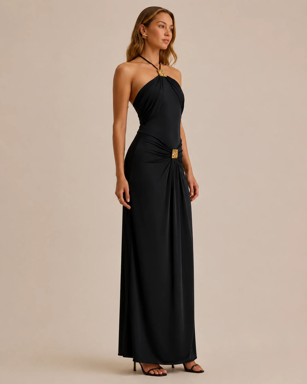 Halter Neck Draped Gold Hardware Maxi Dress – Minimalist Bodycon Gown | Oyese