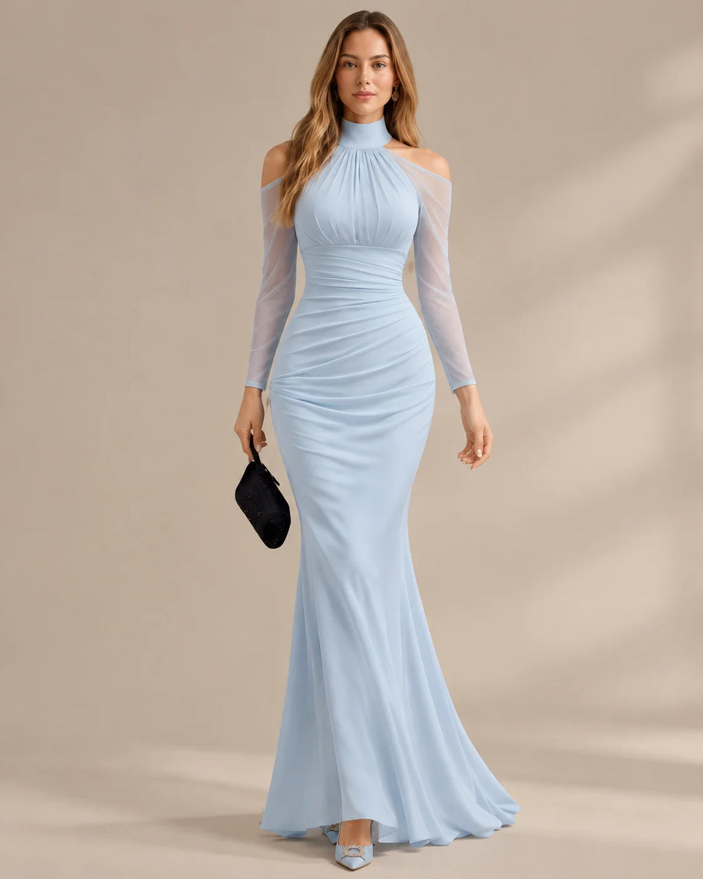 Halter Mock Neck Mermaid Maxi Dress – Sheer Long Sleeve Evening Gown | Oyese