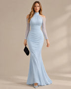 Halter Mock Neck Mermaid Maxi Dress – Sheer Long Sleeve Evening Gown | Oyese