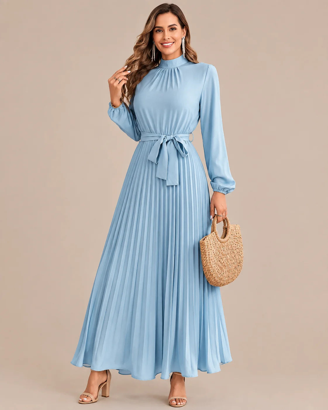 Ruffled Mock Neck Belted Pleated Midi Dress | Oyese