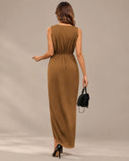 Women's Double-Faced Satin V-Neck Slit Maxi Dress | Oyese