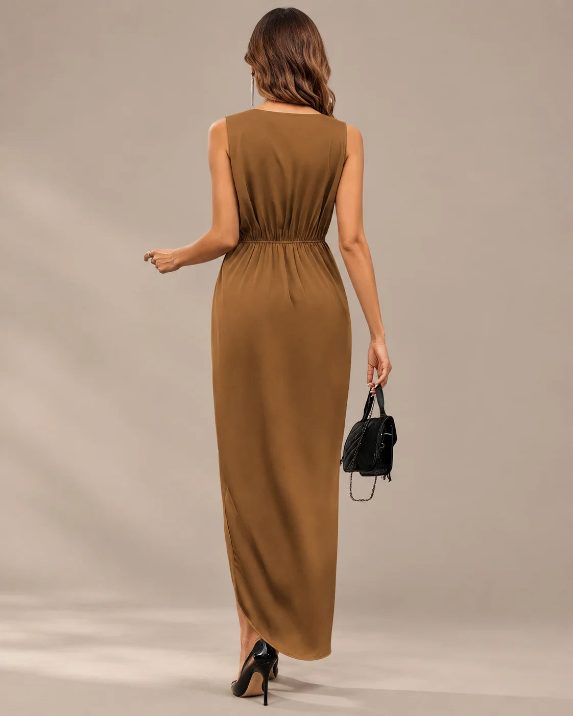 Women's Double-Faced Satin V-Neck Slit Maxi Dress | Oyese
