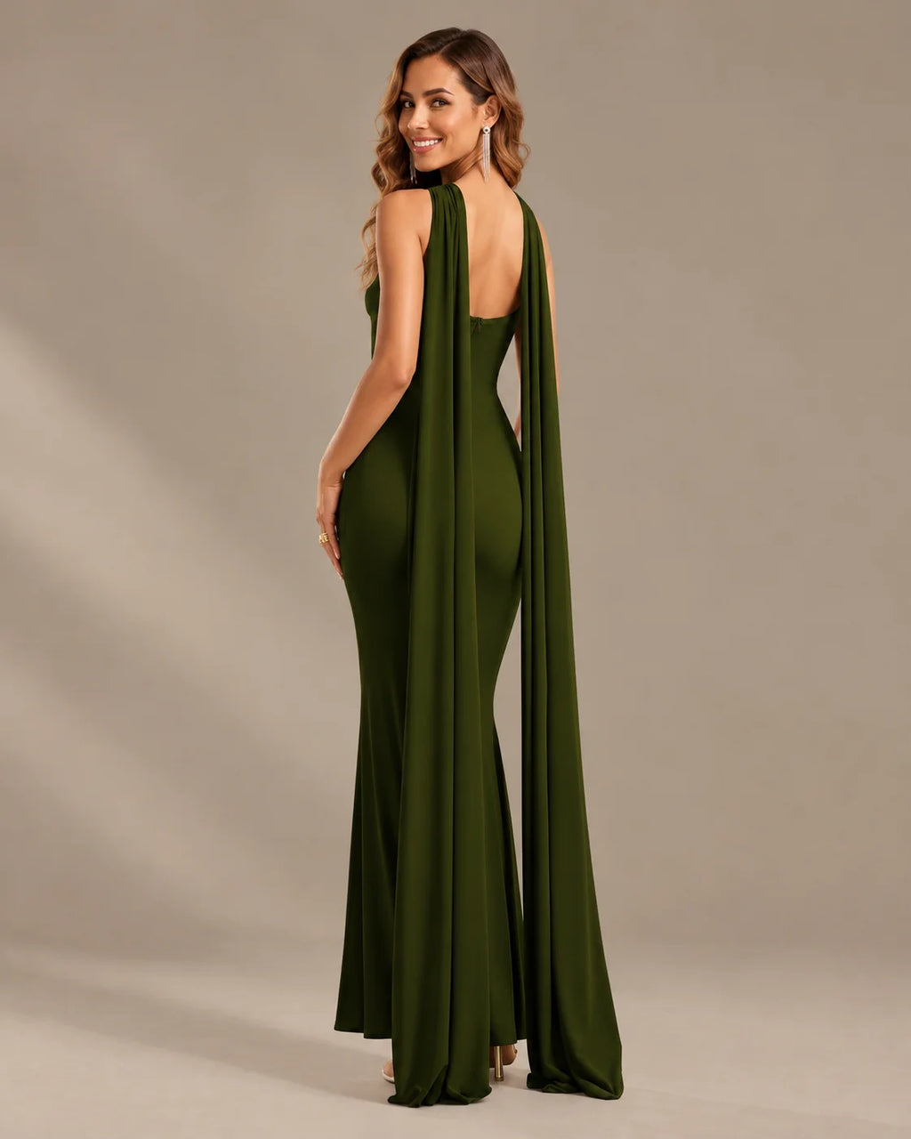 Draped Cape Keyhole Halter Fitted Maxi Evening Gown | Oyese