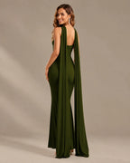Draped Cape Keyhole Halter Fitted Maxi Evening Gown | Oyese