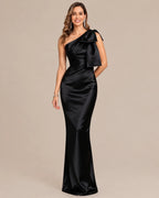 One-Shoulder Bow Satin Mermaid Evening Gown | Oyese