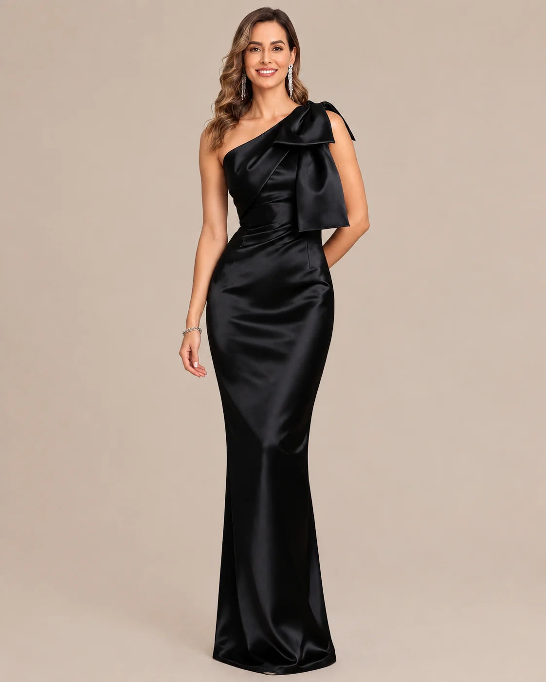 One-Shoulder Bow Satin Mermaid Evening Gown | Oyese