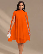 Mock Neck Pleated Chiffon Cape Shift Dress | Oyese