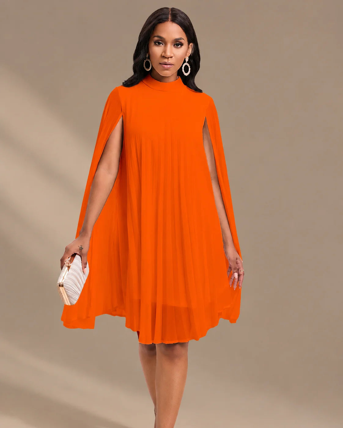 Mock Neck Pleated Chiffon Cape Shift Dress | Oyese