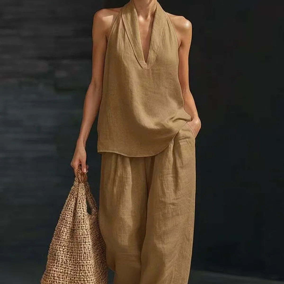 Women's 2-Piece Bamboo Linen Halter Set