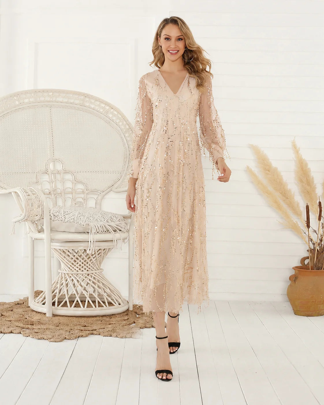 V-Neck Long Sleeve Sequin Fringe Mesh Midi Dress | Oyese