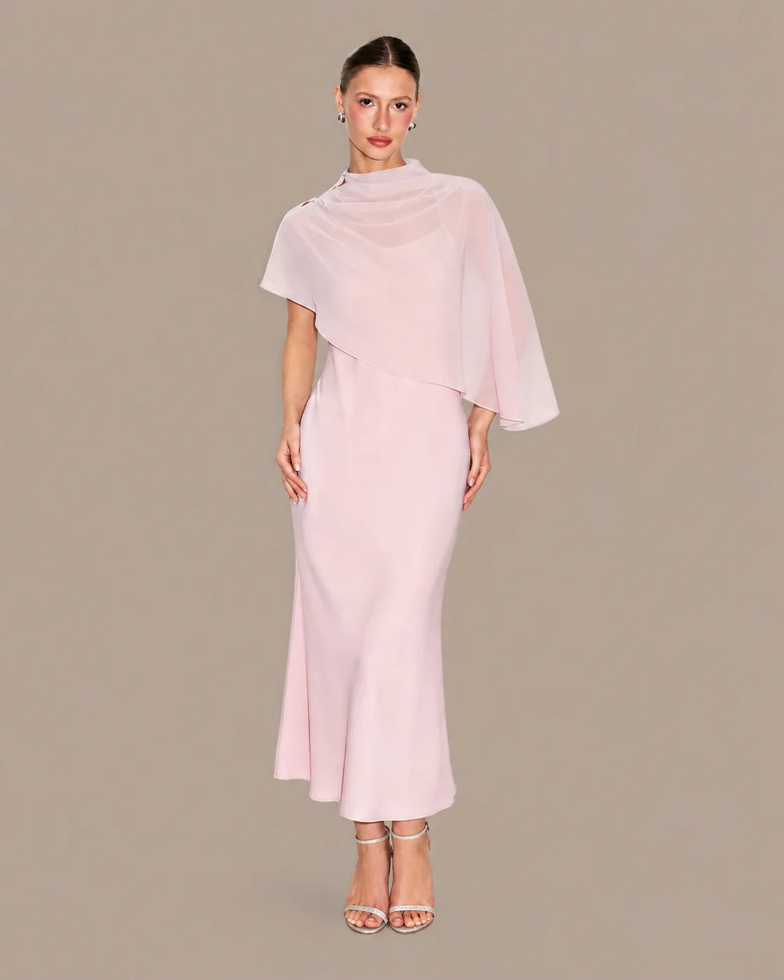 Chiffon Cape Mock Neck Satin Midi Dress – Elegant Cocktail Wedding Guest Dress | Oyese