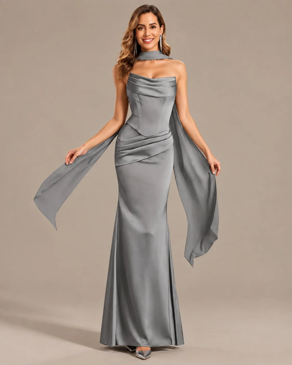 Satin Choker Neck Mermaid Gown – Asymmetric Draped Sleeve Formal Dress | Oyese