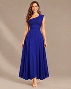 One-Shoulder Cap Sleeve Belted Fit and Flare Midi Dress | Oyese