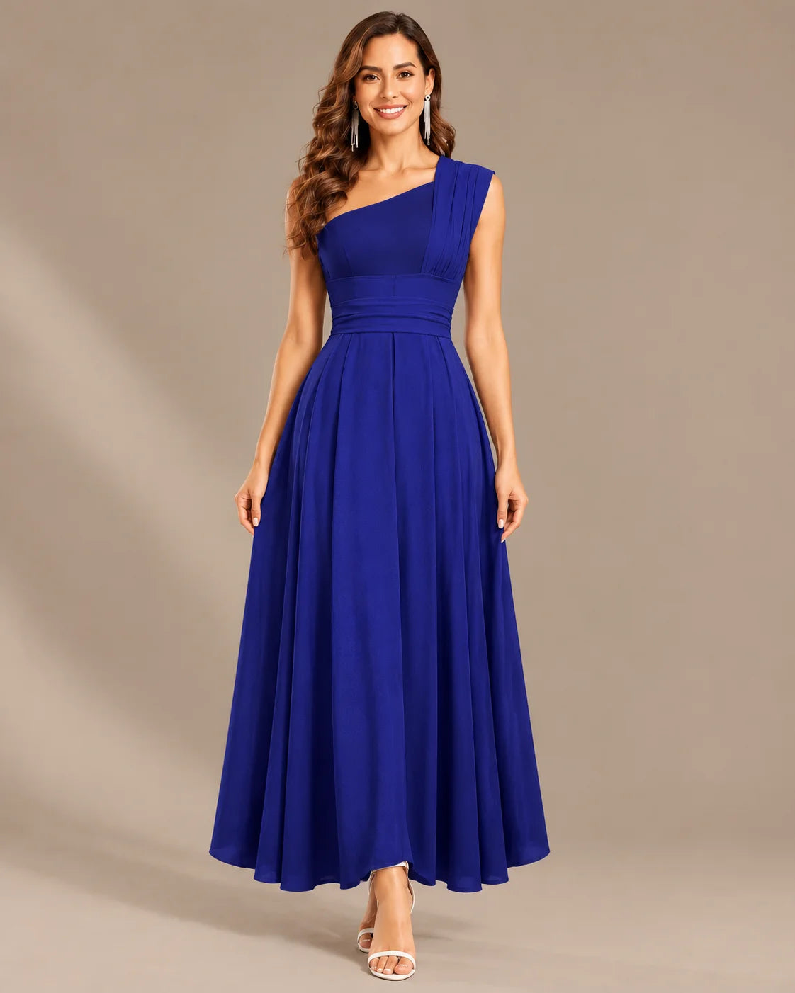 One-Shoulder Cap Sleeve Belted Fit and Flare Midi Dress | Oyese