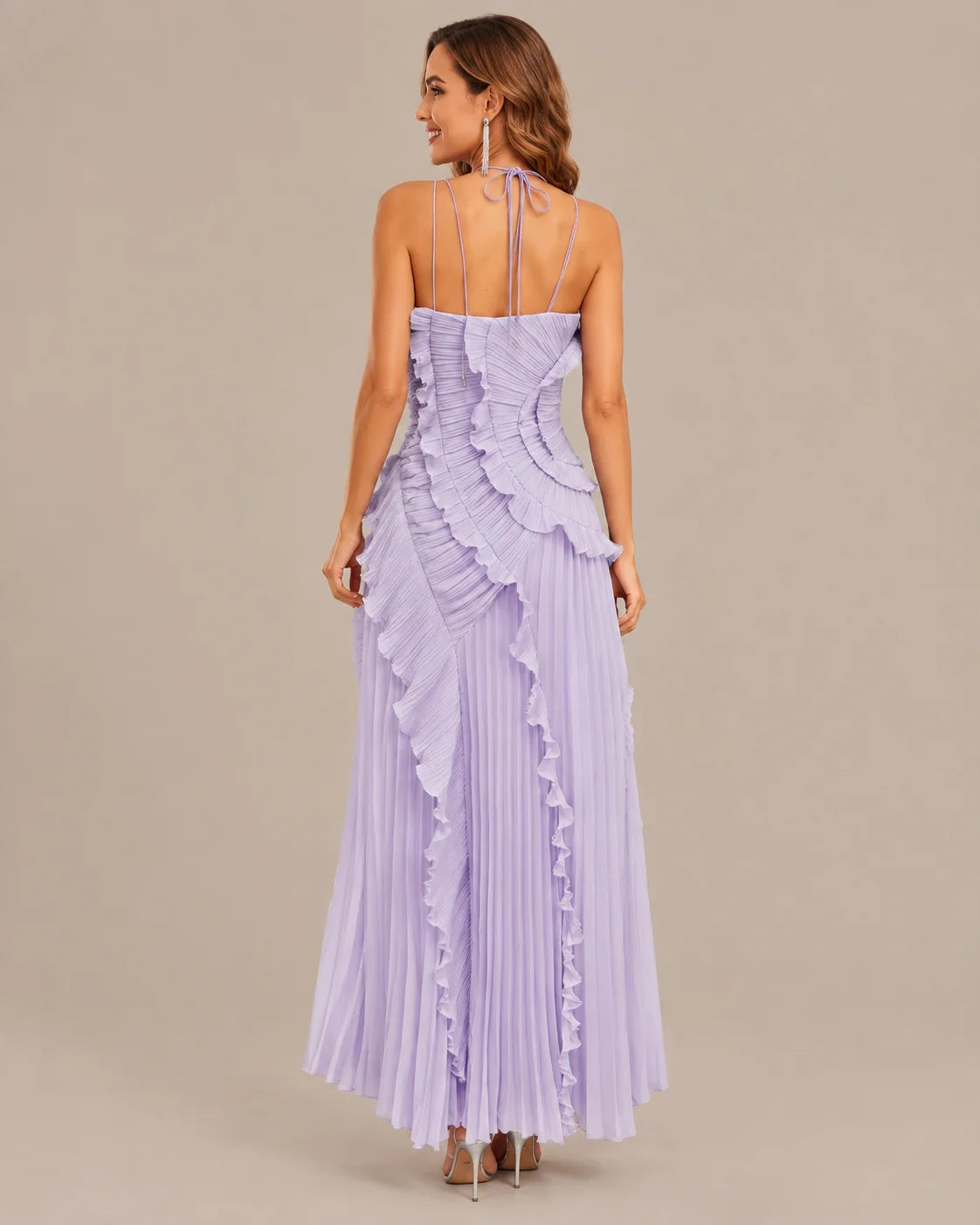 One-Shoulder Draped Ruffle High-Low Maxi Gown | Oyese