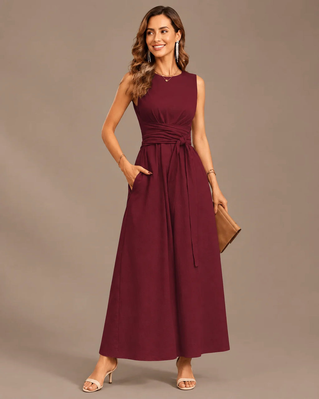 Round Neck Tie Waist Relaxed Maxi Dress – Sleeveless Textured Casual Dress | Oyese