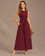 Round Neck Tie Waist Relaxed Maxi Dress – Sleeveless Textured Casual Dress | Oyese