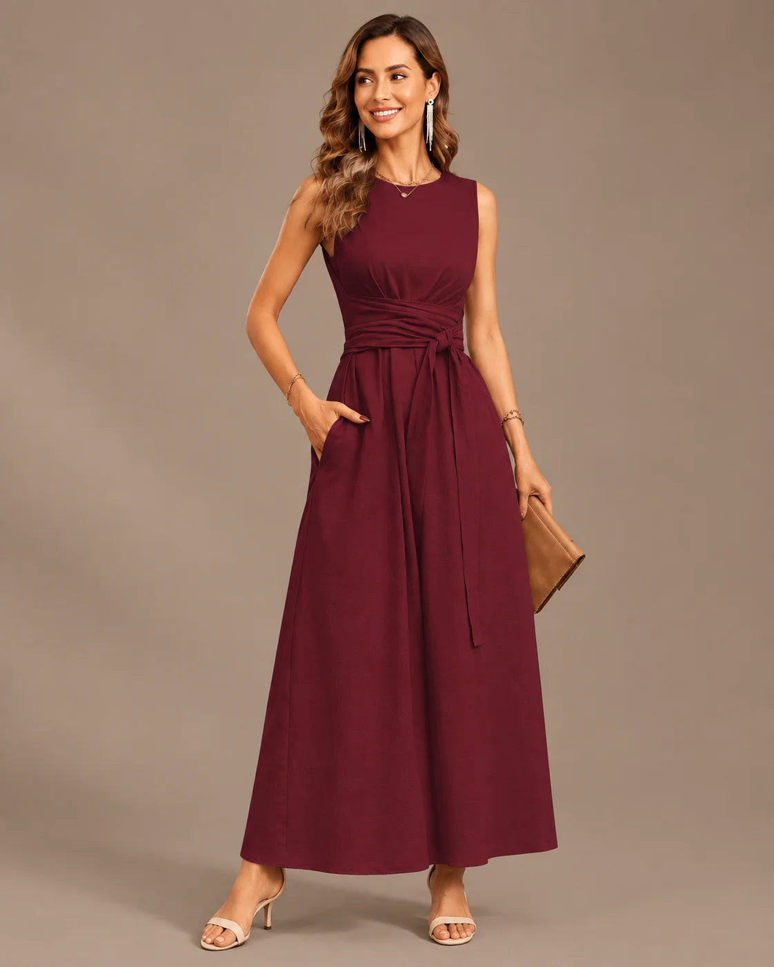 Round Neck Tie Waist Relaxed Maxi Dress – Sleeveless Textured Casual Dress | Oyese