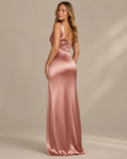 Satin Cowl Neck Ruched Maxi Dress – High Slit Evening Gown | Oyese