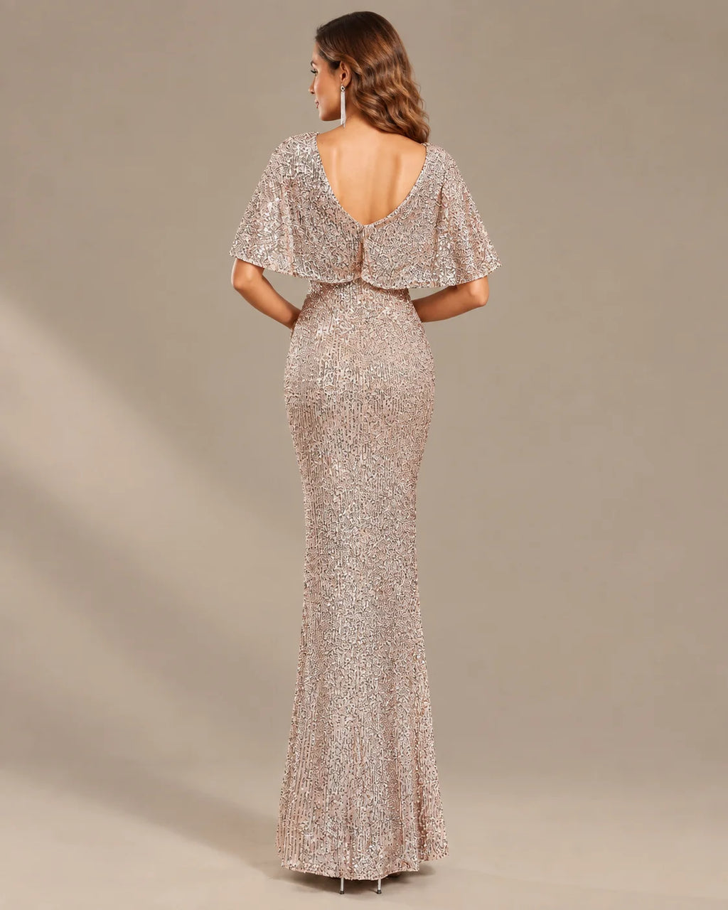 V-Neck Batwing Sleeve Sequin Mermaid Evening Gown | Oyese