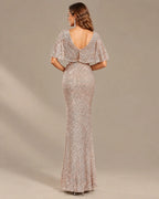 V-Neck Batwing Sleeve Sequin Mermaid Evening Gown | Oyese