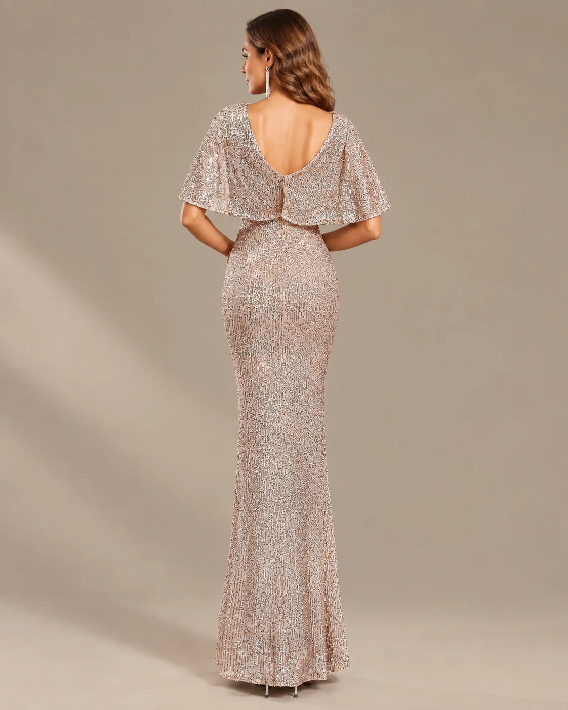 V-Neck Batwing Sleeve Sequin Mermaid Evening Gown | Oyese