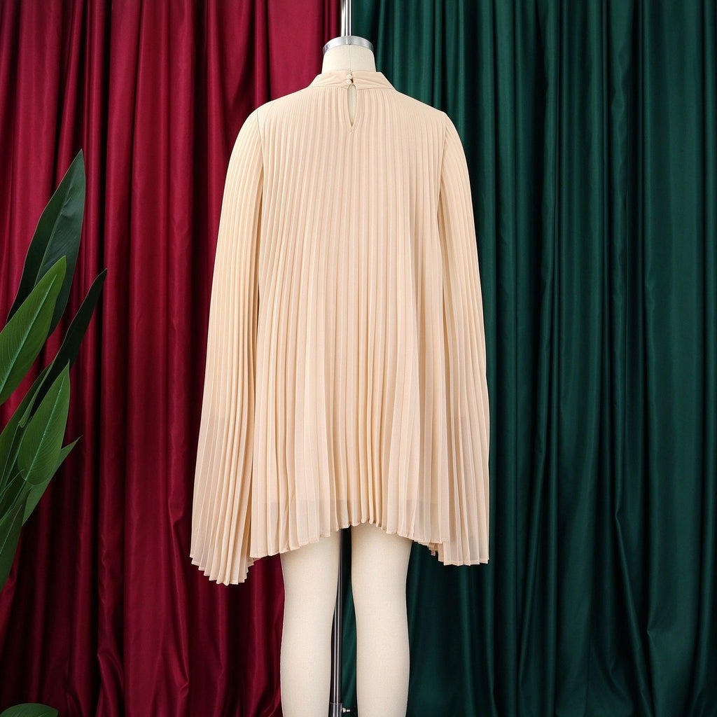 Mock Neck Pleated Chiffon Cape Shift Dress | Oyese