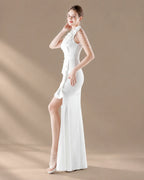 V-Neck 3D Floral Shoulder Beaded Mermaid Evening Gown | Oyese