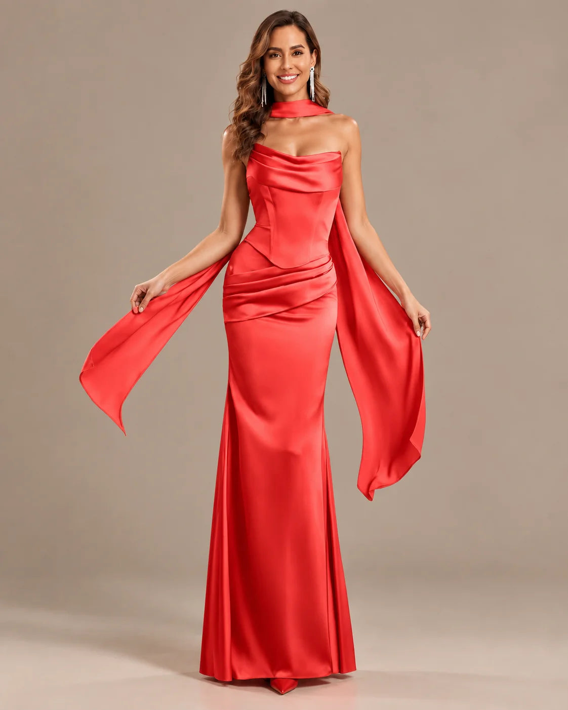 Satin Choker Neck Mermaid Gown – Asymmetric Draped Sleeve Formal Dress | Oyese