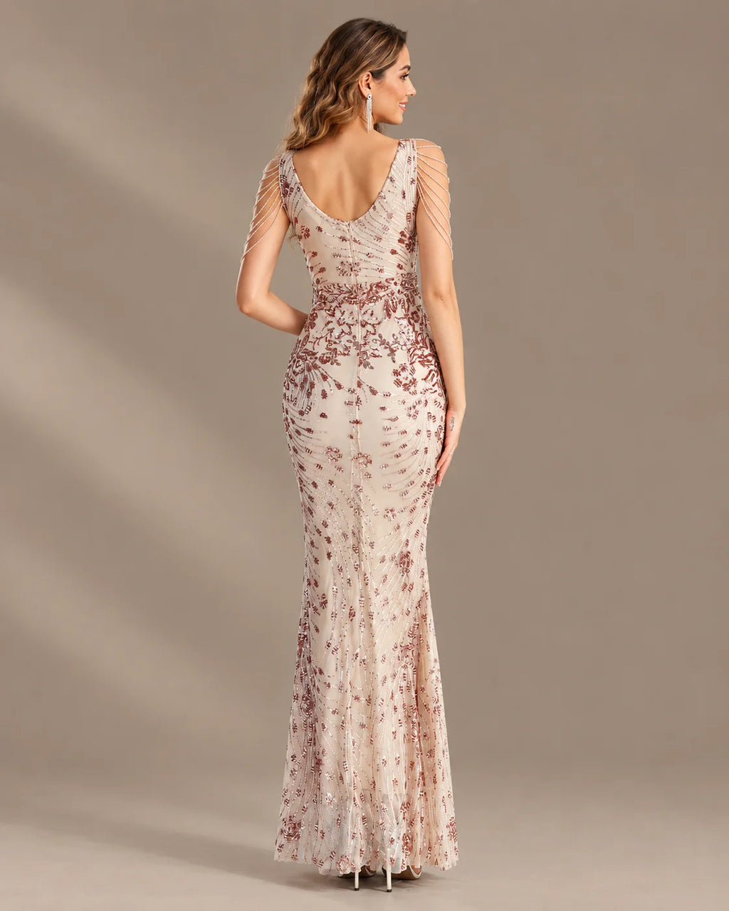 V-Neck Floral Sequin Embroidered Mermaid Evening Gown | Oyese