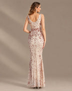 V-Neck Floral Sequin Embroidered Mermaid Evening Gown | Oyese