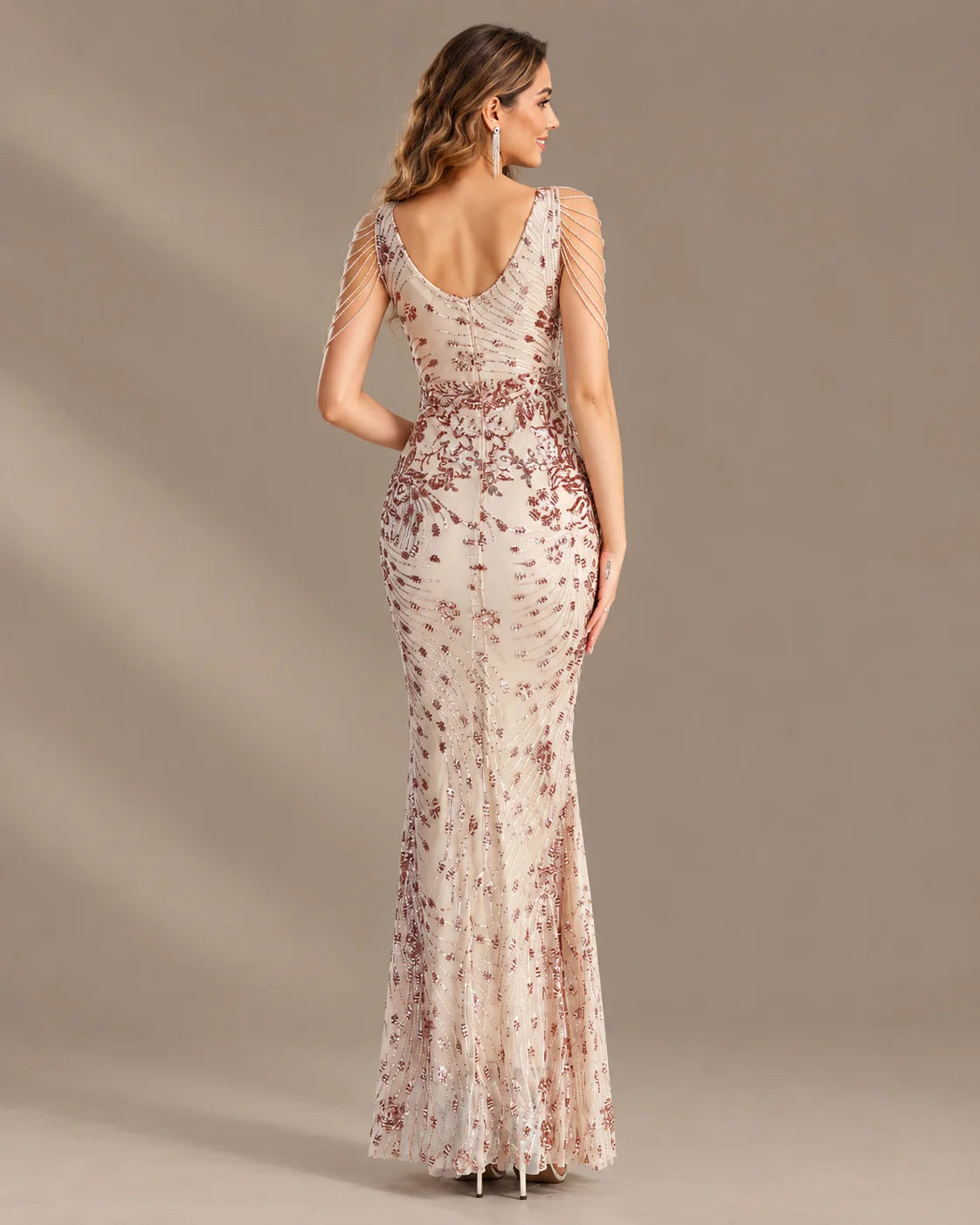 V-Neck Floral Sequin Embroidered Mermaid Evening Gown | Oyese