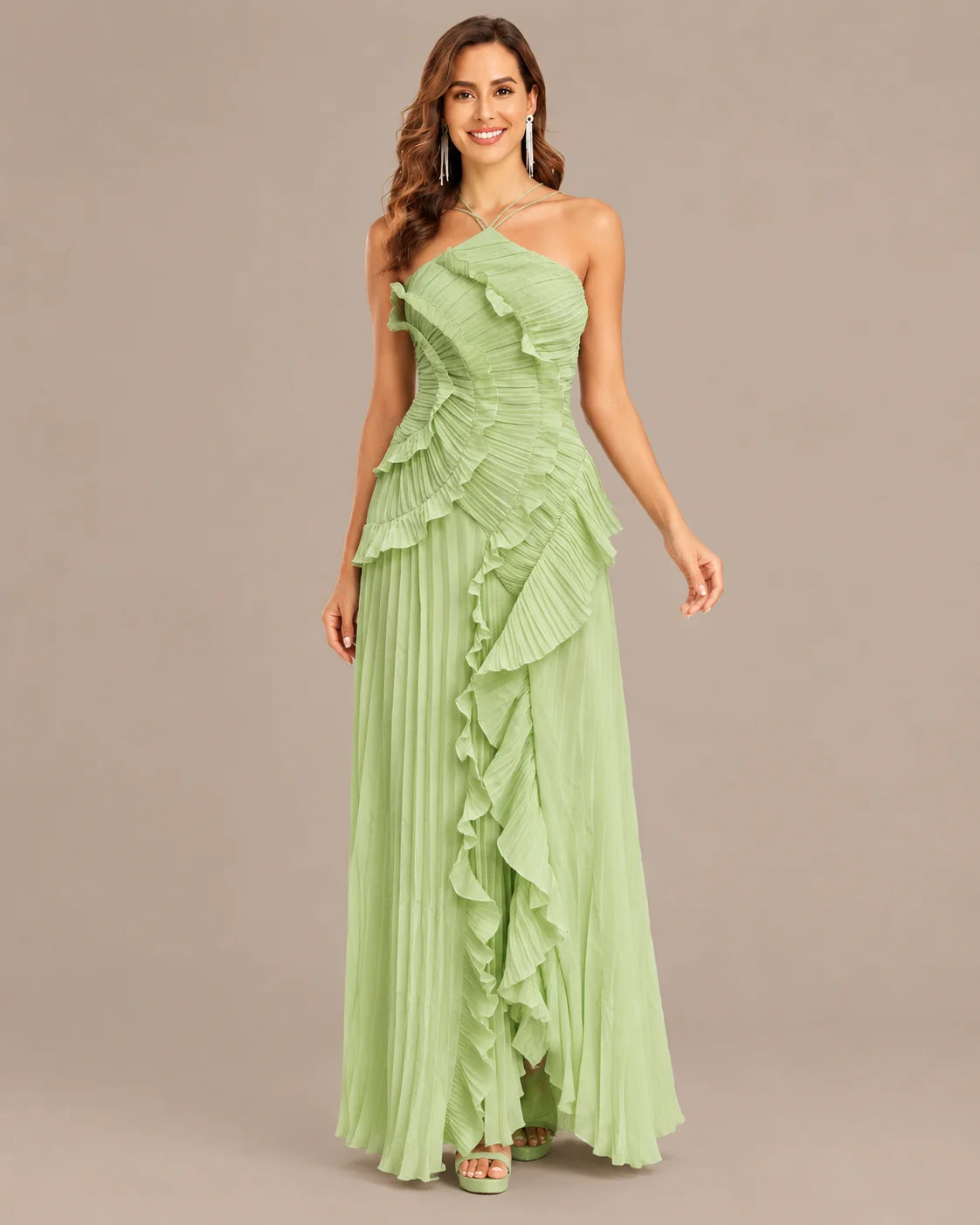 One-Shoulder Draped Ruffle High-Low Maxi Gown | Oyese