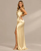 Satin Cowl Neck Ruched Maxi Dress – High Slit Evening Gown | Oyese