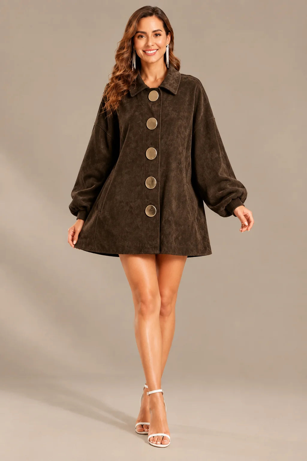 Women's Suede-Look Lapel Coat with Gold Buttons | Oyese